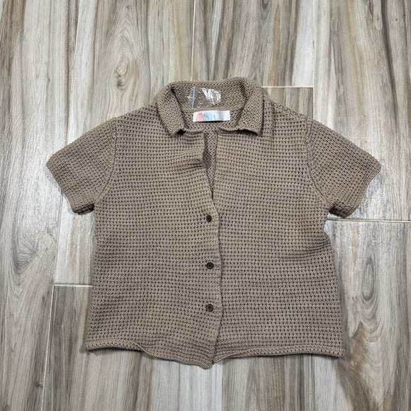 Free People Tops - FREE PEOPLE Beach Summer Breeze Button Up Top Tan Knit Cropped Boho Twee Coastal